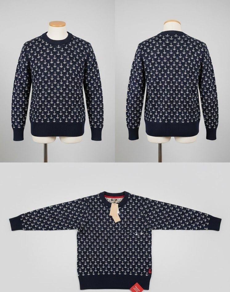 Strandfein Menswear Pullover Rundhalsausschnitt Rippbund Blau Anker Herren